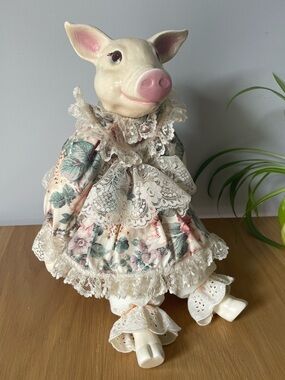 Vintage Ceramic Pig Doll in Pink Floral Dress 🐷